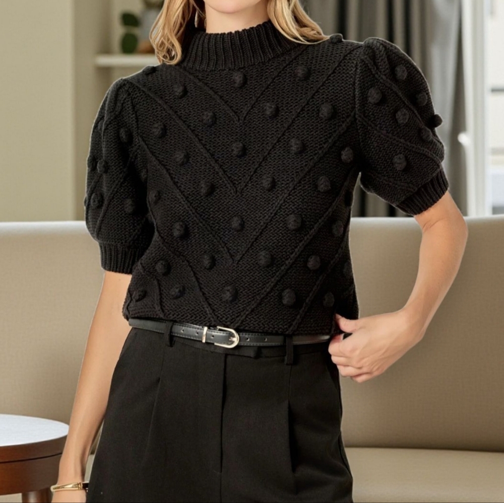 English Factory Black Pom Pom Puff Sleeve Chunky Knit Women's Sweater Sz XS